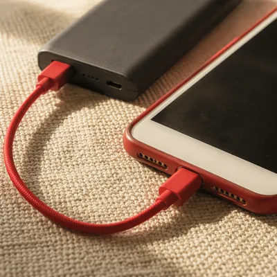 Red Cable Power Bank Charging Flat Lay