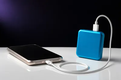 Cyan Power Bank Charging Smartphone