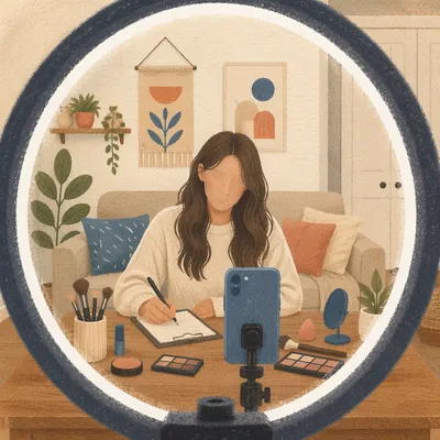 Ring Light Vlog Desk in Cozy Living Room