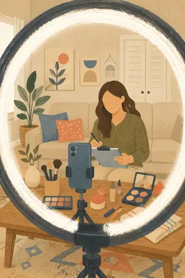 Ring Light Vlog Desk in Cozy Living Room