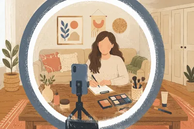 Ring Light Vlog Desk in Cozy Living Room