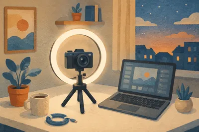 Ring Light Camera Desk Setup at Dusk