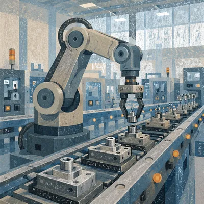 Industrial Robot Arm on Automated Assembly Line