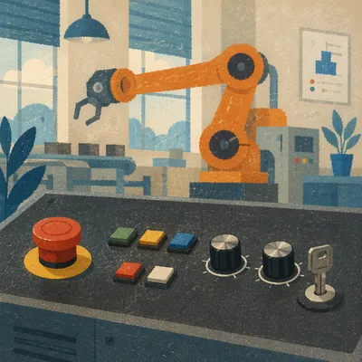 Industrial Control Console with Robotic Arm