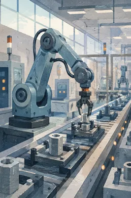 Industrial Robot Arm on Automated Assembly Line