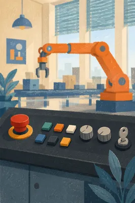 Industrial Control Console with Robotic Arm