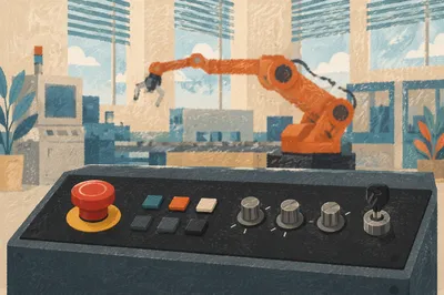 Industrial Control Console with Robotic Arm