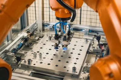 Orange Robot Arm in Automation Cell