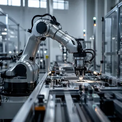 Industrial Robot Arm on Automated Assembly Line