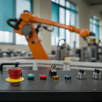 Industrial Control Console with Robotic Arm