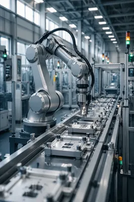Industrial Robot Arm on Production Line