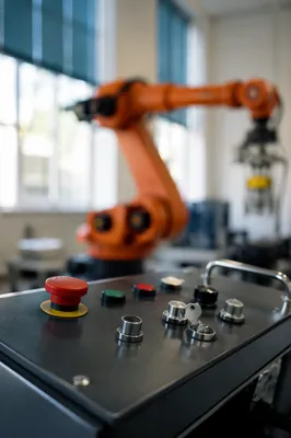 Industrial Control Console with Robotic Arm