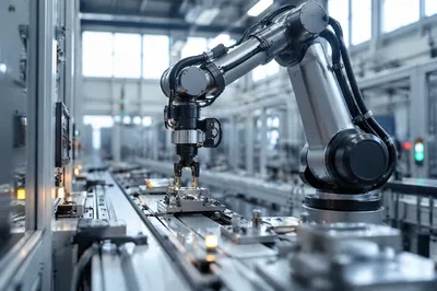 Industrial Robot Arm on Automated Production Line