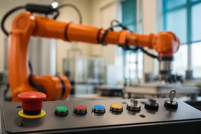 Industrial Control Console with Robotic Arm