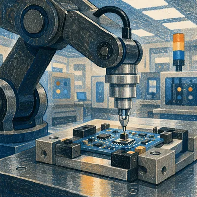 Precision Robotic Arm Circuit Assembly Close-Up