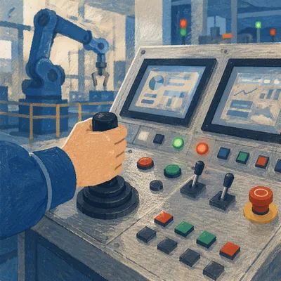 Robot Arm Factory Control Console Close-Up