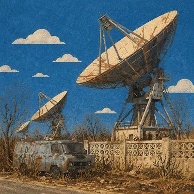 Rural Satellite Dishes Under Blue Sky