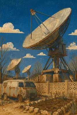 Rural Satellite Dishes Under Blue Sky
