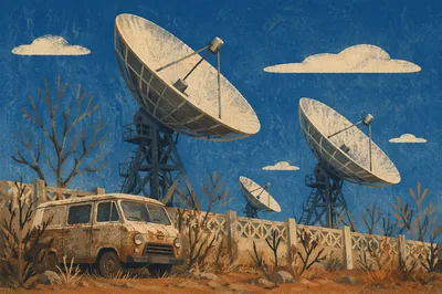 Rural Satellite Dishes Under Clear Blue Sky