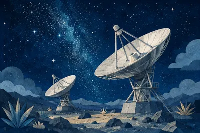 Satellite Dishes Under Teal Galactic Sky