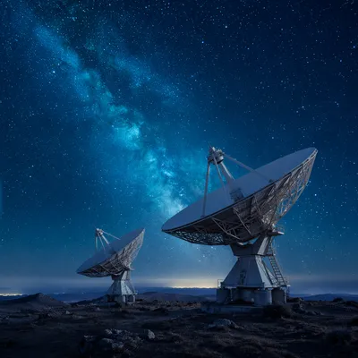 Satellite Dishes Under Starry Blue Sky