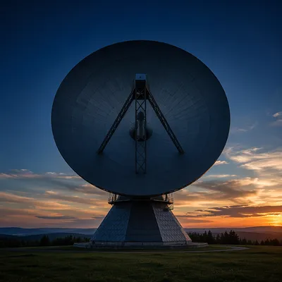 Satellite Communication Dish Under Blue Sunset Sky
