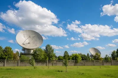 Satellite Dishes Under Expansive Blue Sky