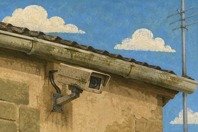 Weathered Exterior Security Camera Under Blue Sky