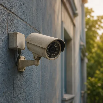 Weathered Security Camera on Blue Gray Wall