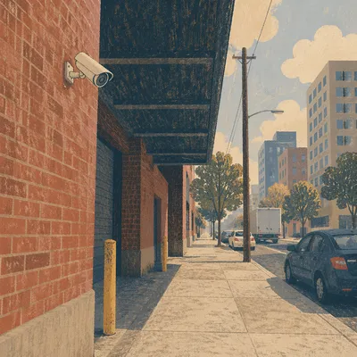 Urban Security Camera on Brick Building Wall
