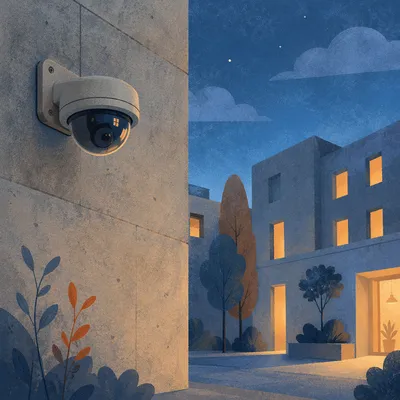 Blue Hour Security Camera on Concrete Wall