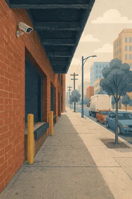 Urban Security Camera on Brick Building Wall