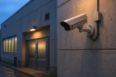 Security Camera on Concrete Wall at Dusk