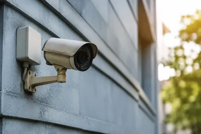 Weathered Security Camera on Blue Gray Wall