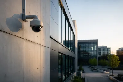 Dome Security Camera on Modern Building Wall