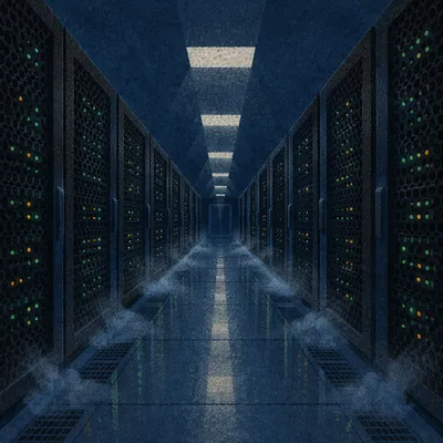 Symmetrical Data Center Aisle at Night