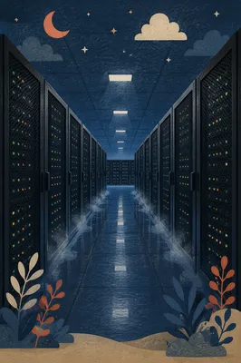 Symmetrical Data Center Aisle at Night
