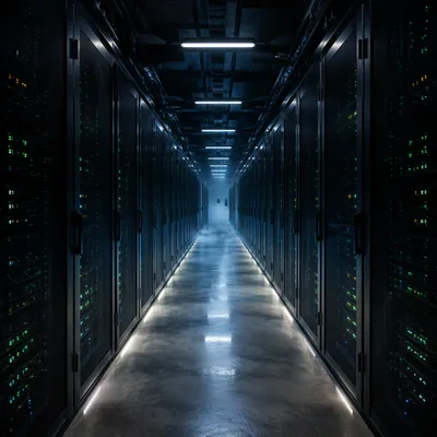 Night Data Center Aisle with Blinking Lights
