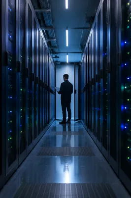 Quiet Server Room Aisle at Night