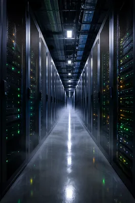 Night Data Center Aisle with Blinking Lights