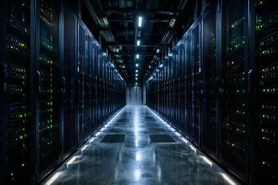 Secure Data Center Aisle at Night