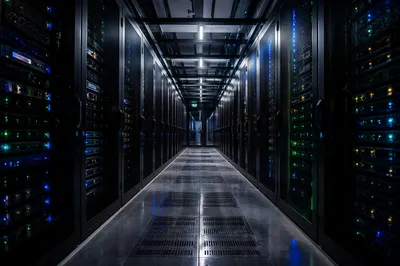 Modern Server Room with Blinking Lights