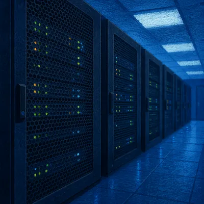 Blue Lit Data Center Server Aisle