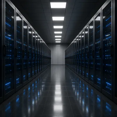 Blue Lit Modern Data Center Aisle