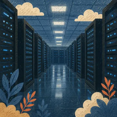 Blue Lit Server Room Aisle Perspective