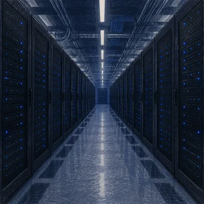 Blue Lit Server Room Corridor