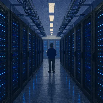 Blue Lit Server Room with Technician