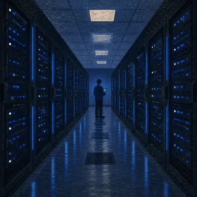 Blue Lit Server Room at Night