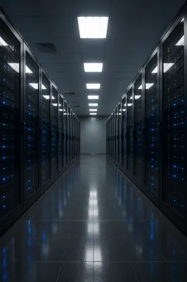 Blue Lit Modern Data Center Aisle