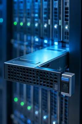 Blue Lit Server Rack Close-Up